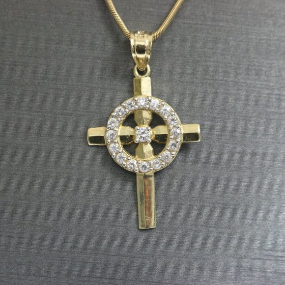 14kt White Sapphire Circle Cross Pendant with 14kt Hollow Snake Chain